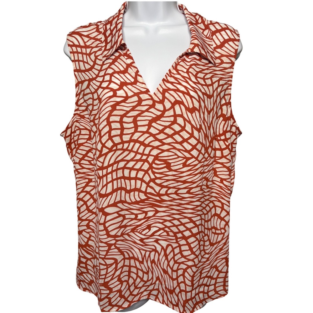 CAbi Womens Orange Geometric Sleeveless V-Neck Top Sz L Office Modern Retro Chic